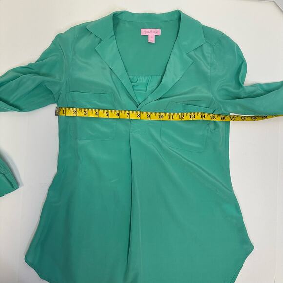 Lilly Pulitzer XS Teal Silk Blouse - 100% Silk with Green Gemstone Buttons - Picture 8 of 10